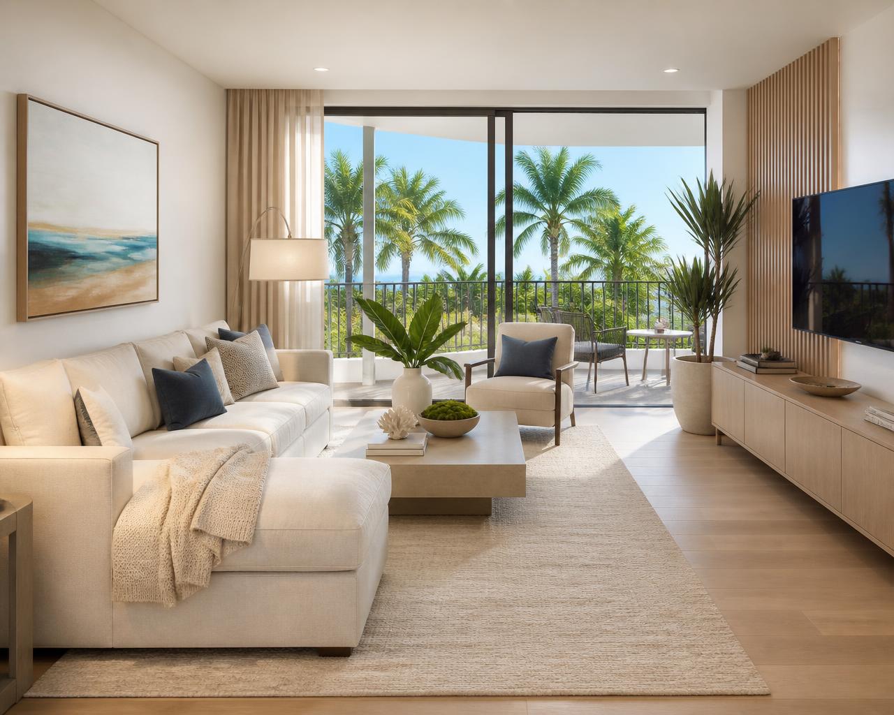 Bright modern furnished apartment living room with palm tree balcony views in South Florida